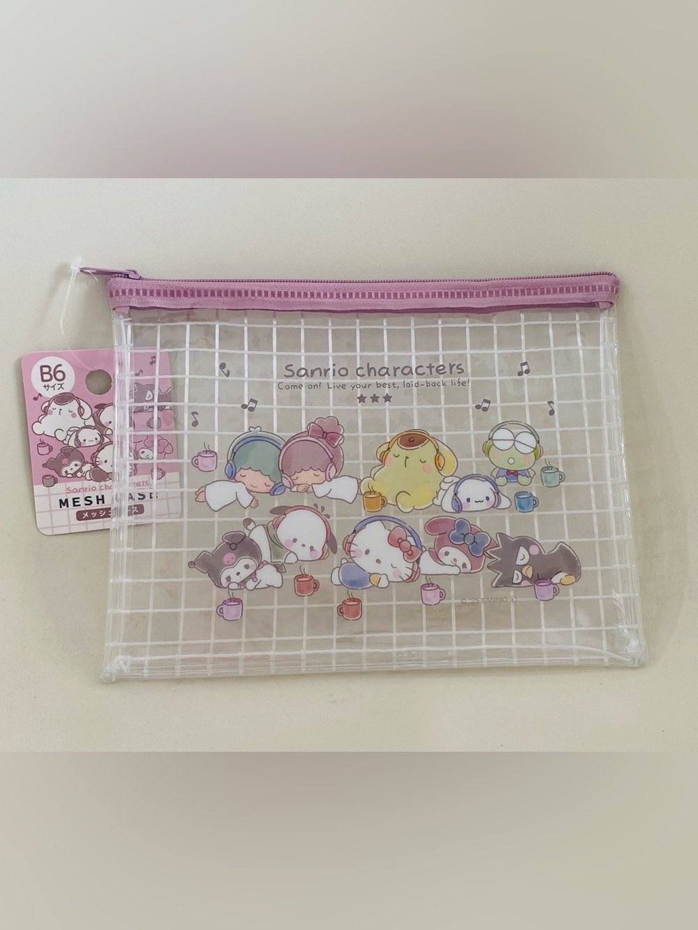 NWT Japanese Sanrio Characters B6 Clear Mesh Zipper Pouch Kuromi Hello Kitty